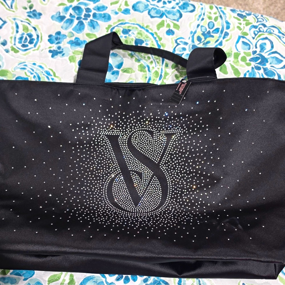 Victoria's Secret Black Rhinestone VS Zip Bag Large 25L Inner Pocket